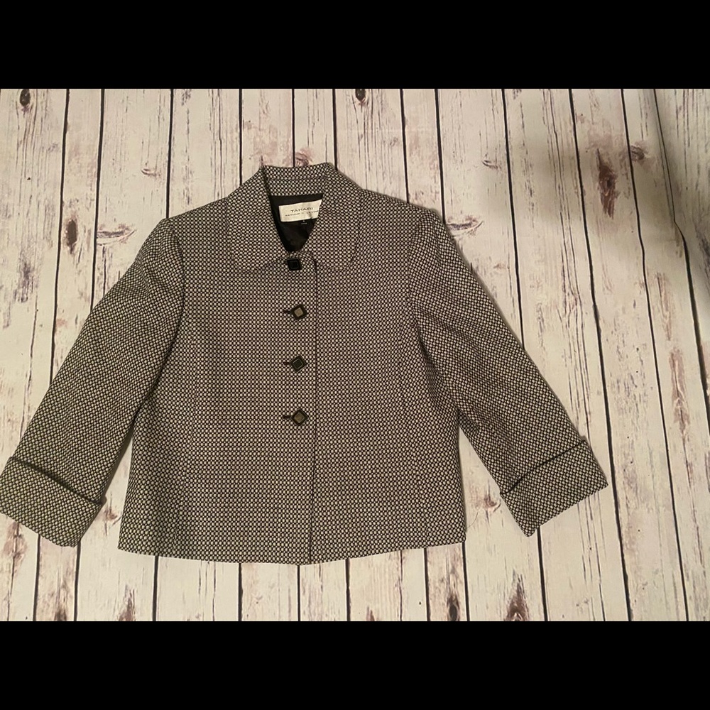 Tahari ASL Houndstooth Blazer Jacket 8 black white